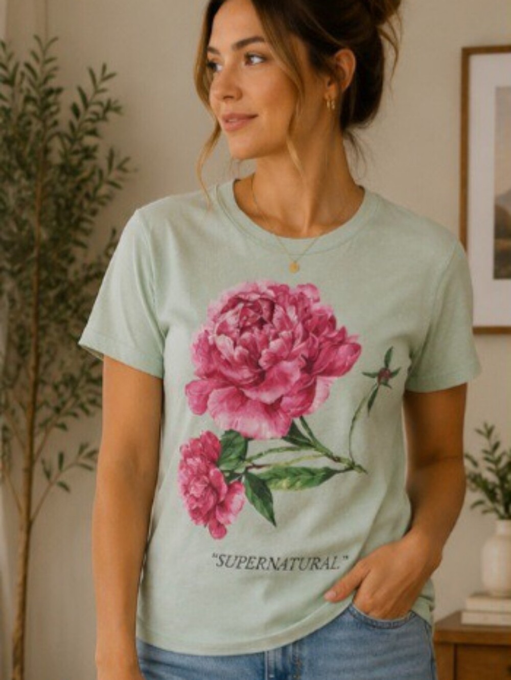 Boutique Sage Floral Graphic Tee | “Supernatural” Peony Print T-Shirt